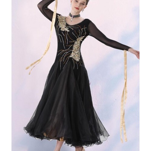 Black with gold embroidered gemstones competition ballroom dance dresses for women girls waltz tango foxtrot mooth dance rhythm ribbon dancing long skirts for female